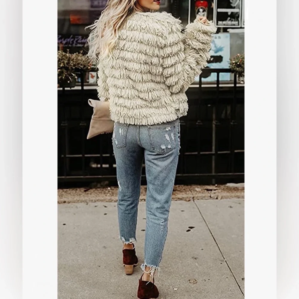 Amazon | Open Front Faux Fur Shaggy Jacket | White | Small